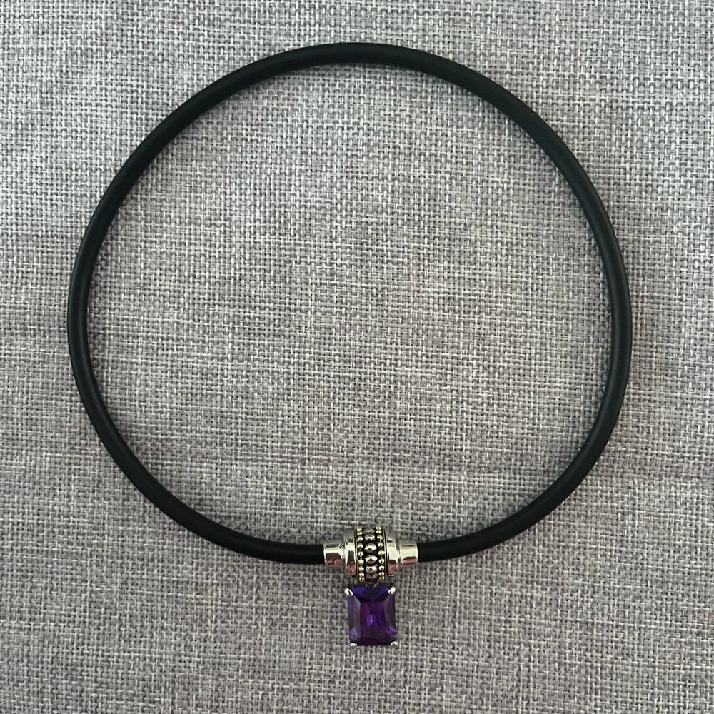Black Choker Necklace Purple Crystal & Silver Tone Pendant